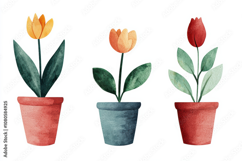 Vibrant watercolor flowers in pots, featuring tulips and decorative leaves, perfect for home decor, gardening themes, or floral designs. Vibrant watercolor flowers in pots, featuring tulips and decorative leaves, perfect for home decor, gardening themes, or floral designs.