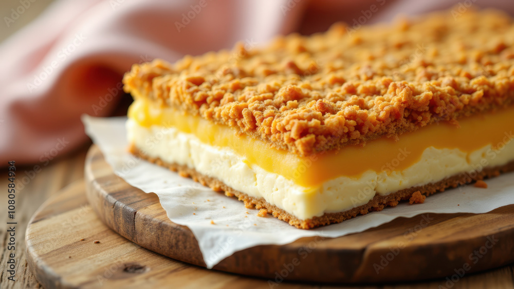 Sliced Kunafa dessert with a creamy filling on a wooden surface. Sliced Kunafa dessert with a creamy filling on a wooden surface.
