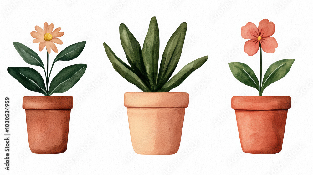 A serene illustration of three potted plants, showcasing vibrant flowers and lush green leaves, perfect for home decor and nature themes. A serene illustration of three potted plants, showcasing vibrant flowers and lush green leaves, perfect for home decor and nature themes.