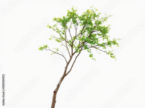 A delicate single birch tree with a lush canopy of green leaves sits against a stark white or cream-colored backdrop, its slender branches swaying in the wind, serene landscape, white background