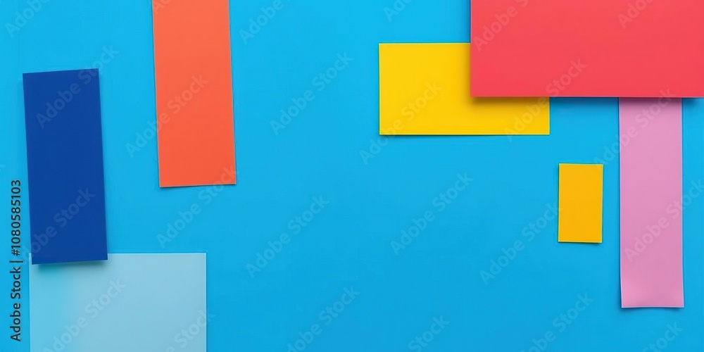 A vibrant blue background features overlapping rectangular shapes in contrasting colors, vibrant, abstractart, geometricpatterns A vibrant blue background features overlapping rectangular shapes in contrasting colors, vibrant, abstractart, geometricpatterns