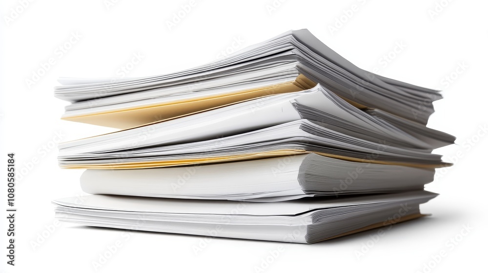 Stacked Paper Documents with Blank Pages and Few Colored Sheets Highlighting Organization and Workflow in Office Environment Stacked Paper Documents with Blank Pages and Few Colored Sheets Highlighting Organization and Workflow in Office Environment