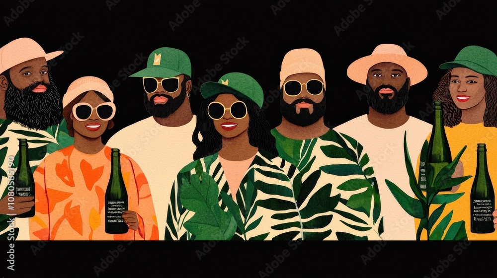 A vibrant illustration featuring a group of friends wearing stylish outfits, sunglasses, and hats, celebrating with drinks against a dark background. A vibrant illustration featuring a group of friends wearing stylish outfits, sunglasses, and hats, celebrating with drinks against a dark background.