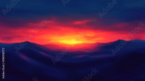 A vibrant sunset paints the sky with fiery hues as it sets behind a range of silhouetted mountains.