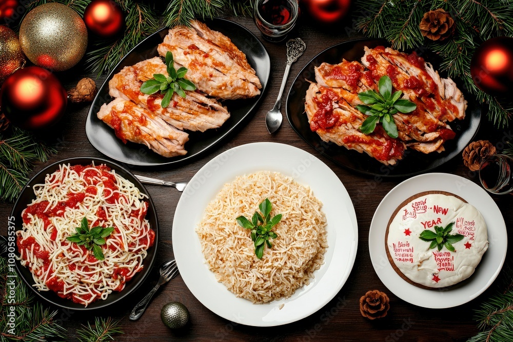 A festive spread featuring roasted chicken, pasta with marinara sauce, rice, and dessert, presented with holiday decorations. A festive spread featuring roasted chicken, pasta with marinara sauce, rice, and dessert, presented with holiday decorations.