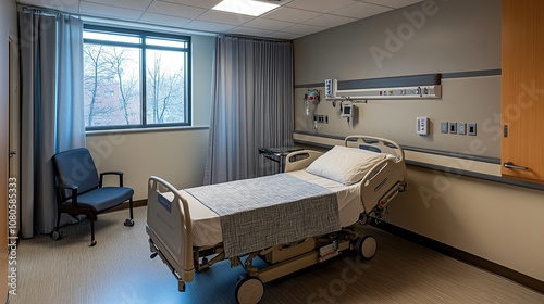 A clean, empty hospital room with a bed, chair, and window for patient care.