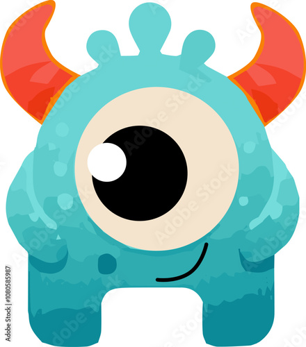 Cute Blue One-Eyed Monster with Horns - Kids Illustration Clipart