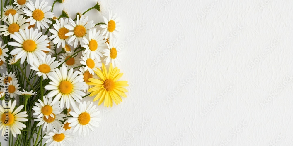 Fototapeta premium White and yellow daisies in a loose, organic arrangement on a white textured wall, creating a relaxed and natural look, botanical art, organic design