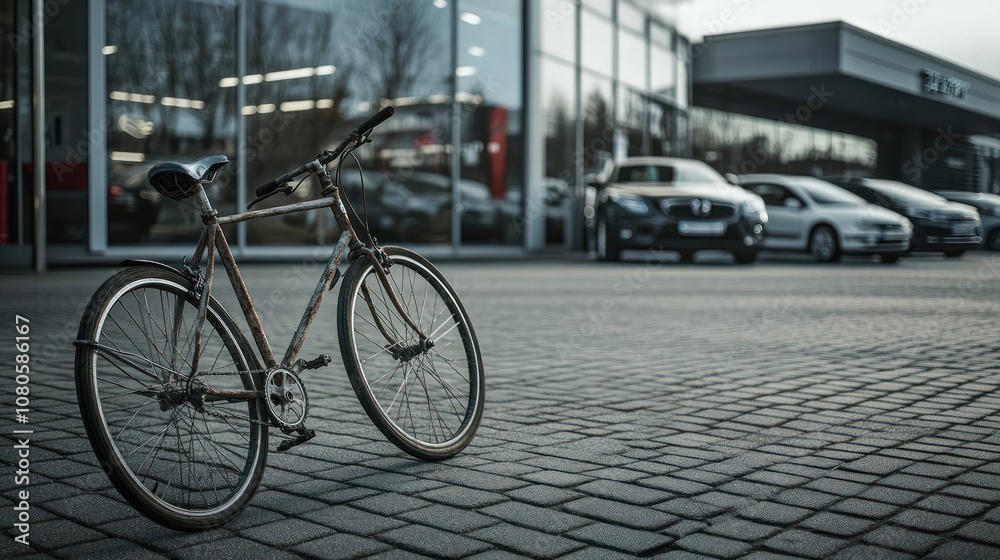 A rusty bicycle stands in front of a car dealership, contrasting with modern vehicles. A rusty bicycle stands in front of a car dealership, contrasting with modern vehicles.