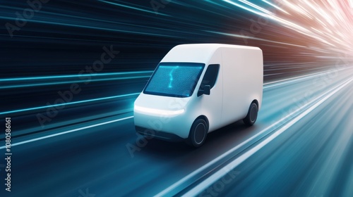 A sleek white electric delivery van speeds along a futuristic road, illuminated by dynamic light trails, emphasizing modern transport technology.