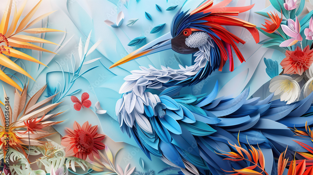 Floral Paper Craft of a Red Crowned Crane Bird Closeup Side View Floral Paper Craft of a Red Crowned Crane Bird Closeup Side View