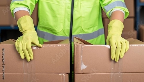 A worker in safety gear uses gloves to handle cardboard boxes in a warehouse environment. photo