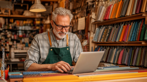 An elderly man with glasses is focused on his laptop in fabric store, surrounded by colorful textiles. His concentration reflects passion for his craft