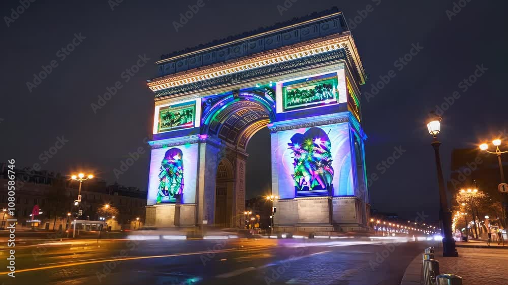 Experience the colorful night view of the Arc de Triomphe, illuminated by vibrant lights and unique art installations showcasing Parisian beauty.