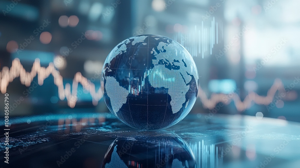A digital globe centered on a reflective surface displays market charts in the background, symbolizing global economy and data trends in technology-infused environments. A digital globe centered on a reflective surface displays market charts in the background, symbolizing global economy and data trends in technology-infused environments.