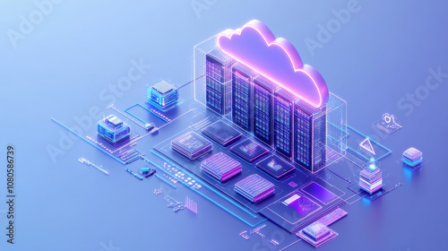 A vibrant digital illustration showcasing cloud computing concept with servers and data storage. futuristic design features neon colors and intricate details, evoking sense of innovation and technolog