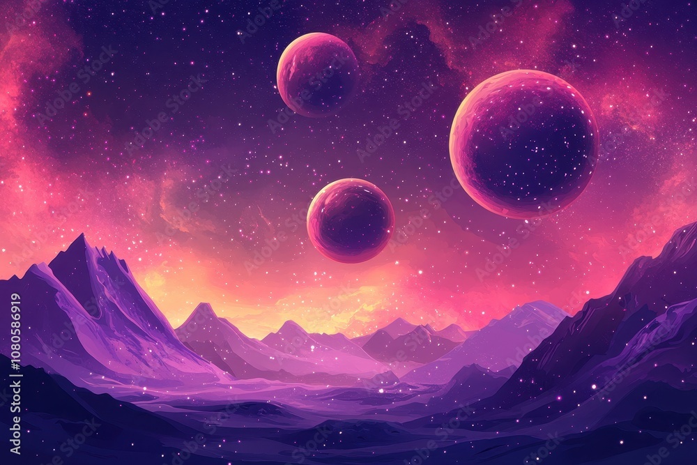 Purple Mountains Under a Pink Sky with Three Planets and Stars Purple Mountains Under a Pink Sky with Three Planets and Stars