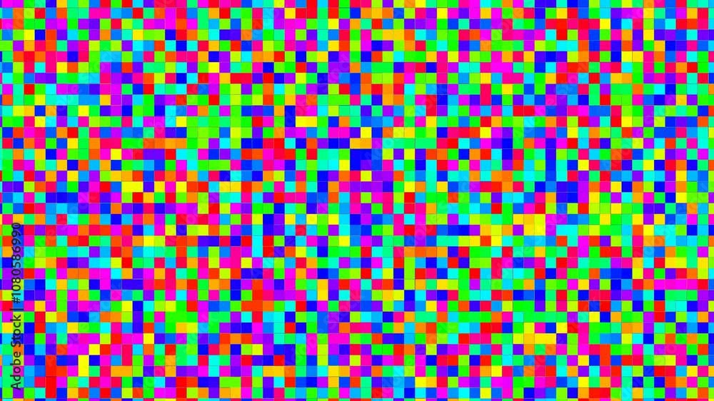 Random pixelated squares background, dynamic seamless chaotic fast motion of multicolor tile