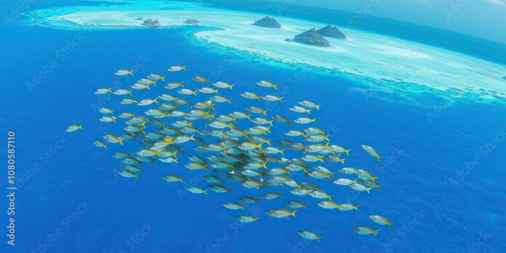 School of fish swimming near a group of atolls in the turquoise ocean, fish, coral, blue School of fish swimming near a group of atolls in the turquoise ocean, fish, coral, blue