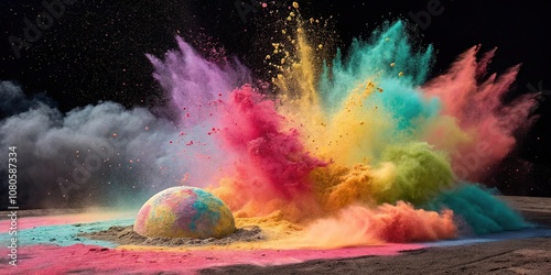 Swirling sphere of colorful powder paint exploding in a vibrant abstract background, spherical, design, artistic, abstract, rainbow photo