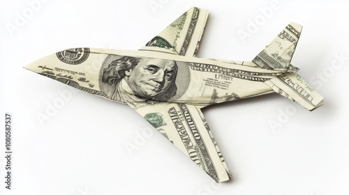 Creative Concept of an Airplane Made from One Hundred Dollar Bills Illustrating Travel, Wealth, and Financial Success on a Clean Background