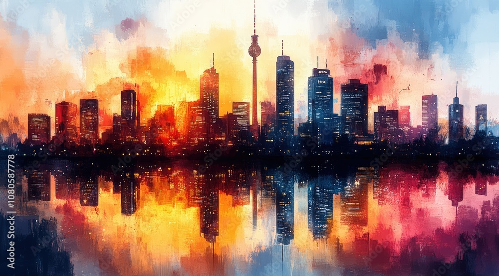 Fototapeta premium Watercolor cityscape with sunrise reflection on water.