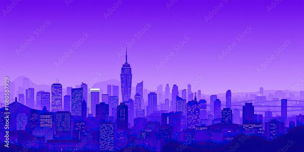 Obraz premium Abstract cityscape with purple-blue hues, city lights, blurred buildings, street lighting