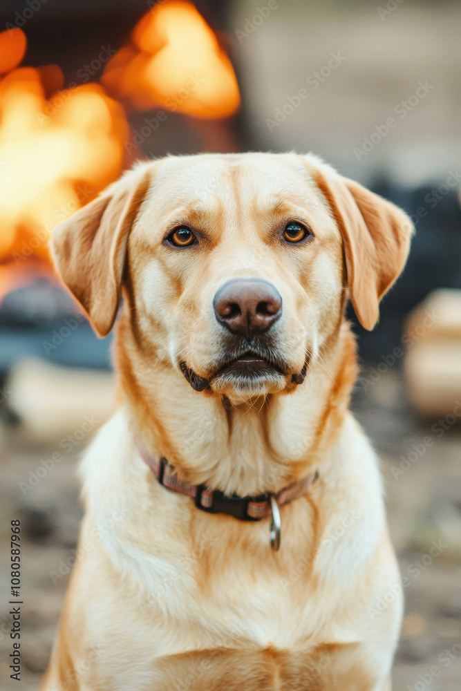 A close-up portrait of a golden Labrador retriever, showcasing its expressive eyes against a warm, glowing campfire background. A close-up portrait of a golden Labrador retriever, showcasing its expressive eyes against a warm, glowing campfire background.