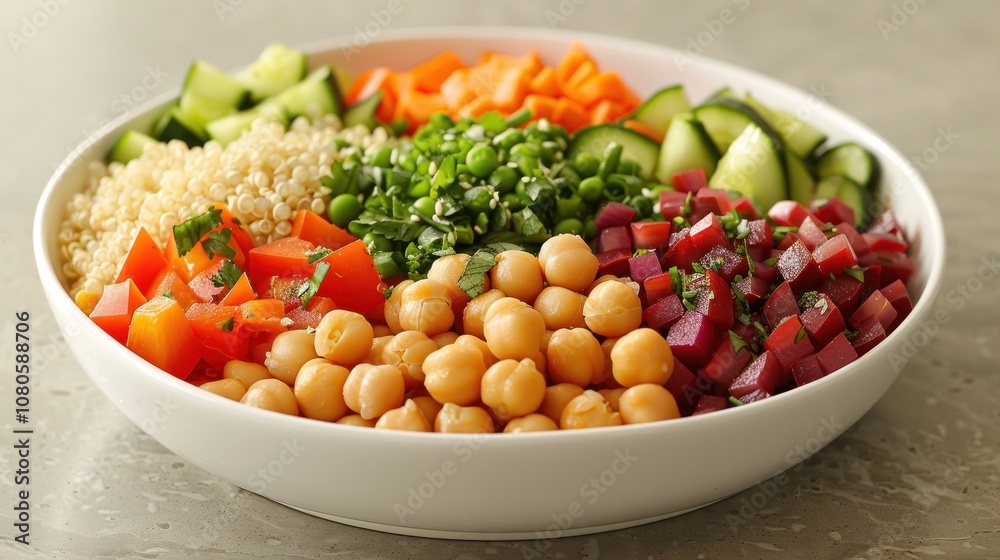 A white bowl filled with quinoa, chickpeas, chopped vegetables, and fresh herbs. A white bowl filled with quinoa, chickpeas, chopped vegetables, and fresh herbs.