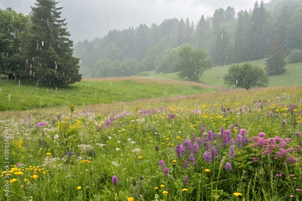 Softly falls the summer rain on a lush green meadow, revealing a tapestry of vibrant wildflowers in various shades of purple, yellow and pink, rain, colorful Softly falls the summer rain on a lush green meadow, revealing a tapestry of vibrant wildflowers in various shades of purple, yellow and pink, rain, colorful
