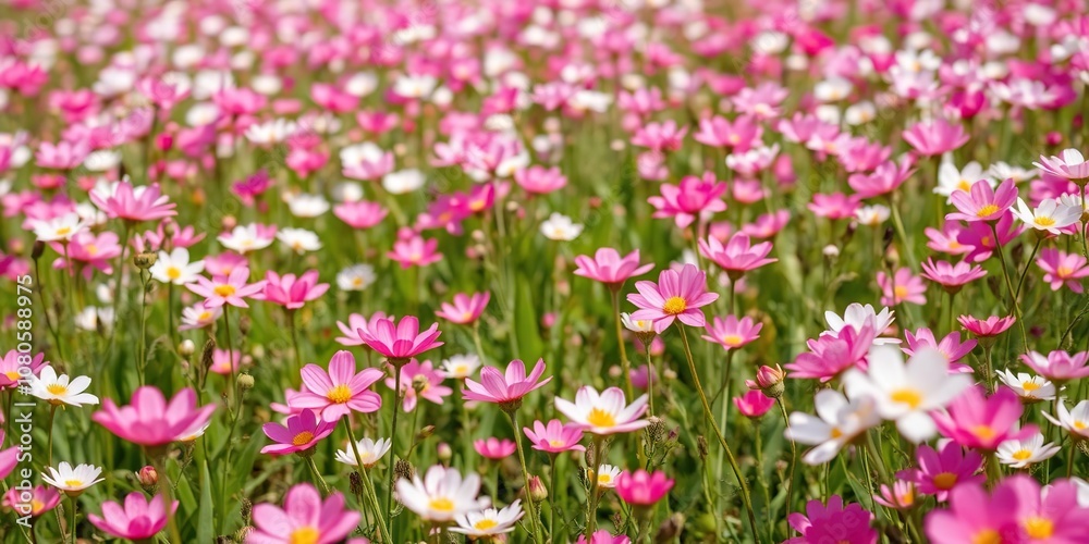 Naklejka premium springtime field with vibrant pink and white blooms, springfield, botanical art, colorful blooms