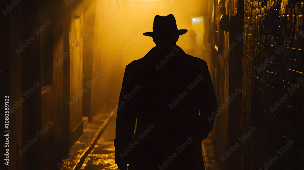 Mysterious Silhouette of a Detective in a Foggy Alley at Night Captured in Low Light With Dramatic Shadows and an Air of Suspense Mysterious Silhouette of a Detective in a Foggy Alley at Night Captured in Low Light With Dramatic Shadows and an Air of Suspense