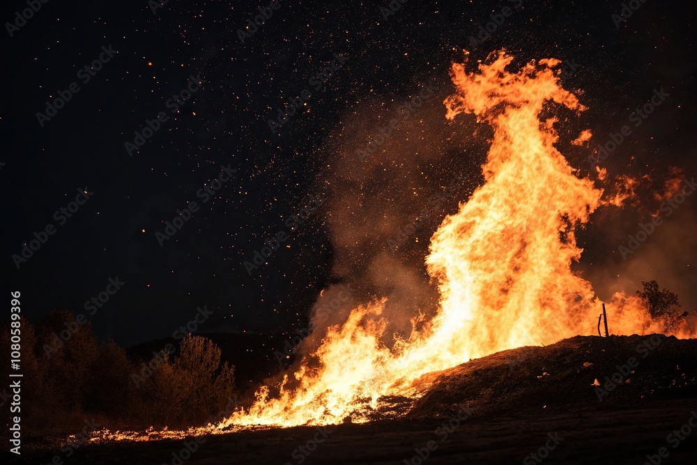 A fiery inferno erupts in a dark expanse, with flames dancing across the black background, casting a warm glow on surrounding objects, blaze, flames, inferno, warmth A fiery inferno erupts in a dark expanse, with flames dancing across the black background, casting a warm glow on surrounding objects, blaze, flames, inferno, warmth