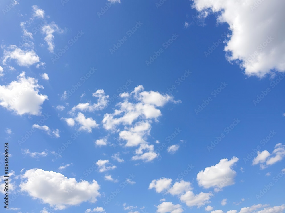 A scattering of tiny white puffy clouds against a brilliant blue summer sky, serene, gentle A scattering of tiny white puffy clouds against a brilliant blue summer sky, serene, gentle