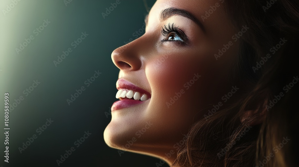 A portrait of the profile of a young woman looking up. Her expression shows joy and delight. A portrait of the profile of a young woman looking up. Her expression shows joy and delight.