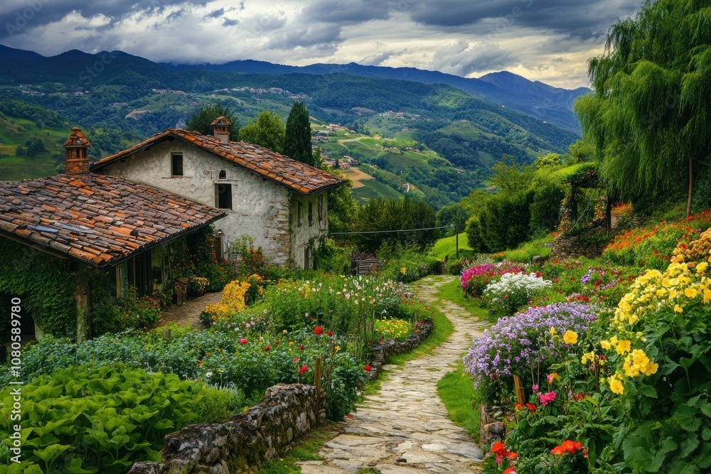Serene Country House Surrounded by Vibrant Flowers Serene Country House Surrounded by Vibrant Flowers