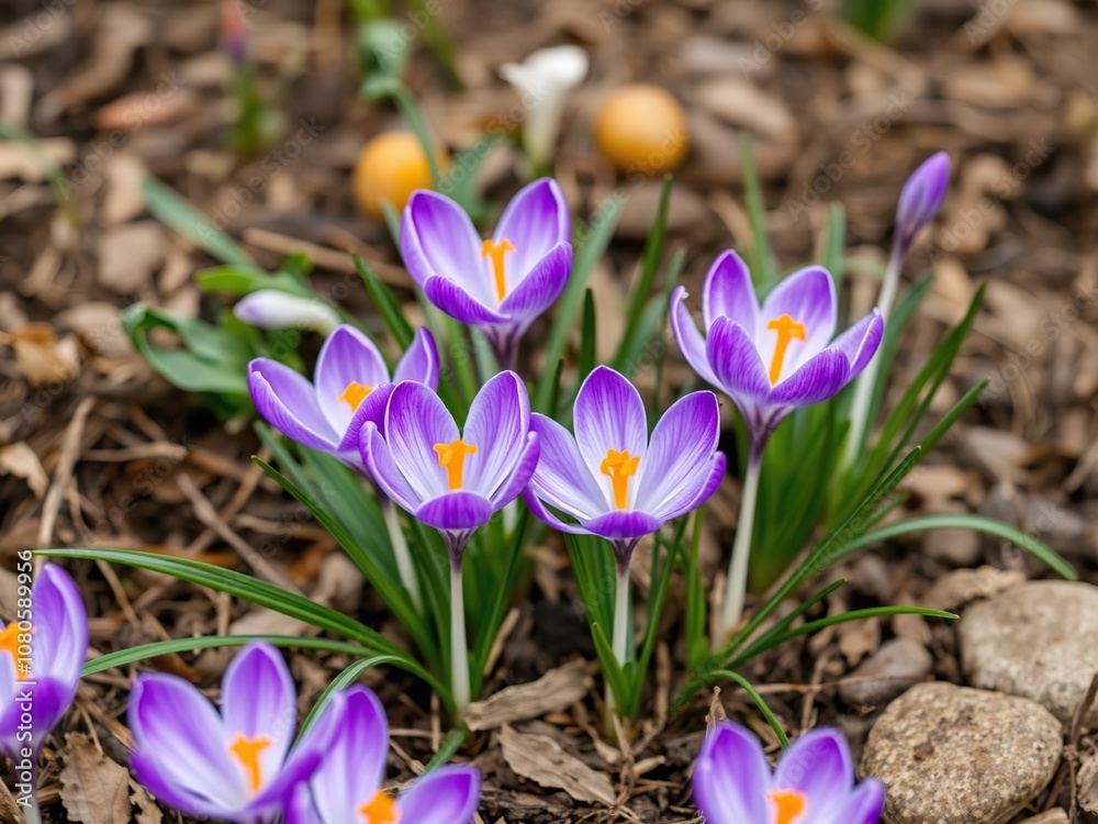 Delicate purple crocus flowers blooming in the early spring, purple flowers, frozen landscape, winter garden Delicate purple crocus flowers blooming in the early spring, purple flowers, frozen landscape, winter garden