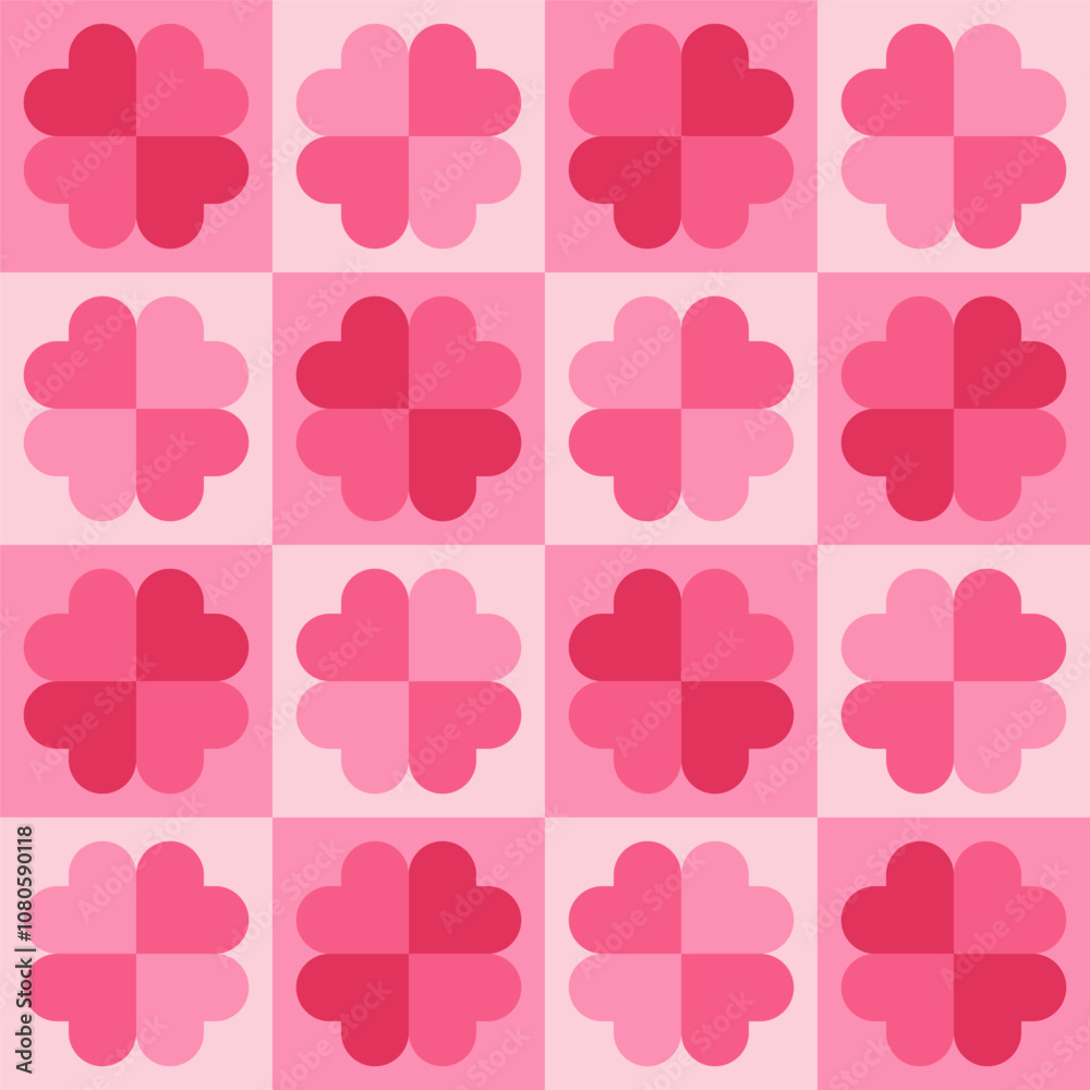Seamless pattern with simple pink hearts grouped like flowers and squares. Template for Valentine holiday design