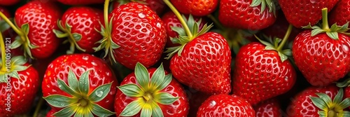Freshly picked ripe red strawberries with dew drops glistening on the surface, nature, morning