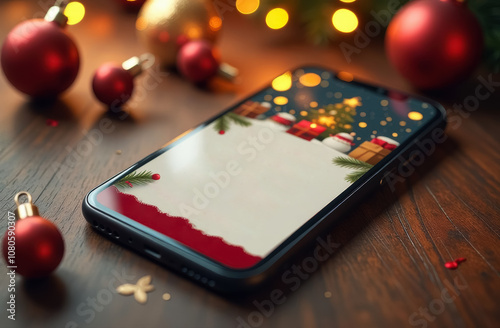 Wallpaper Mural smartphone lies on wooden table, new year background Torontodigital.ca