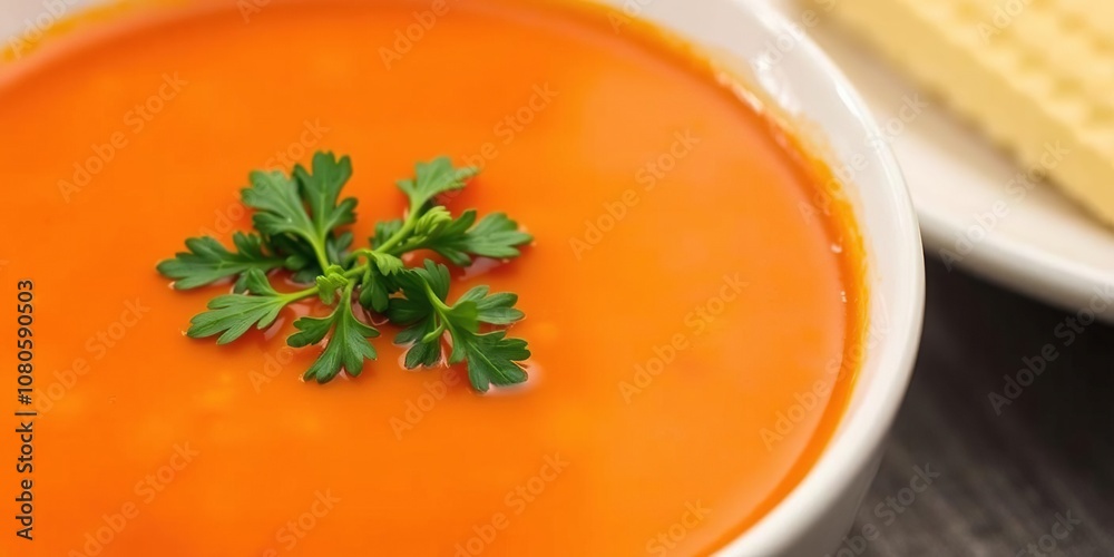 Soup in a white bowl with a sprinkle of parsley on top, aromatic soup, comfort food Soup in a white bowl with a sprinkle of parsley on top, aromatic soup, comfort food