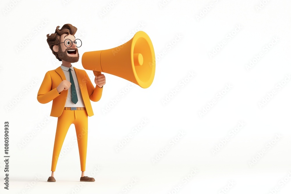 Energetic speaker using cartoon megaphone in bright studio fun illustration vibrant environment creative concept Energetic speaker using cartoon megaphone in bright studio fun illustration vibrant environment creative concept