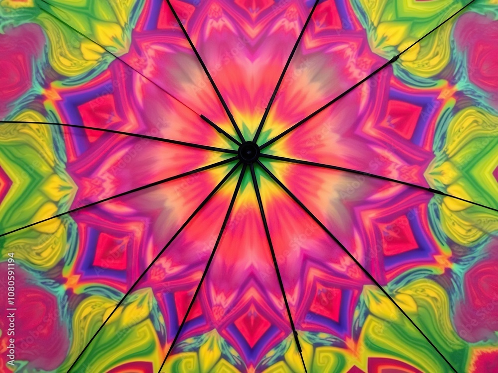 An intricate design pattern on an umbrella's interior that resembles a rainbow with shades of red, orange, yellow, green, blue and violet, interior, water droplets An intricate design pattern on an umbrella's interior that resembles a rainbow with shades of red, orange, yellow, green, blue and violet, interior, water droplets