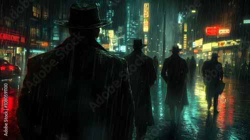 Mysterious Figures in Rainy Night Cityscape with Neon Lights, Capturing the Essence of Noir Atmosphere and Intrigue in Urban Environment