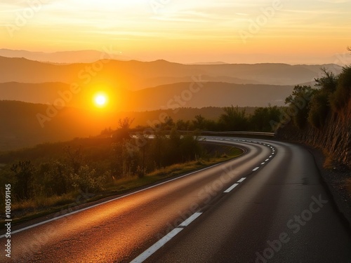 A winding road made of dark asphalt stretches into the distance as the sun sets behind it in a sea of green trees and rolling hills, sunset, landscape, rural