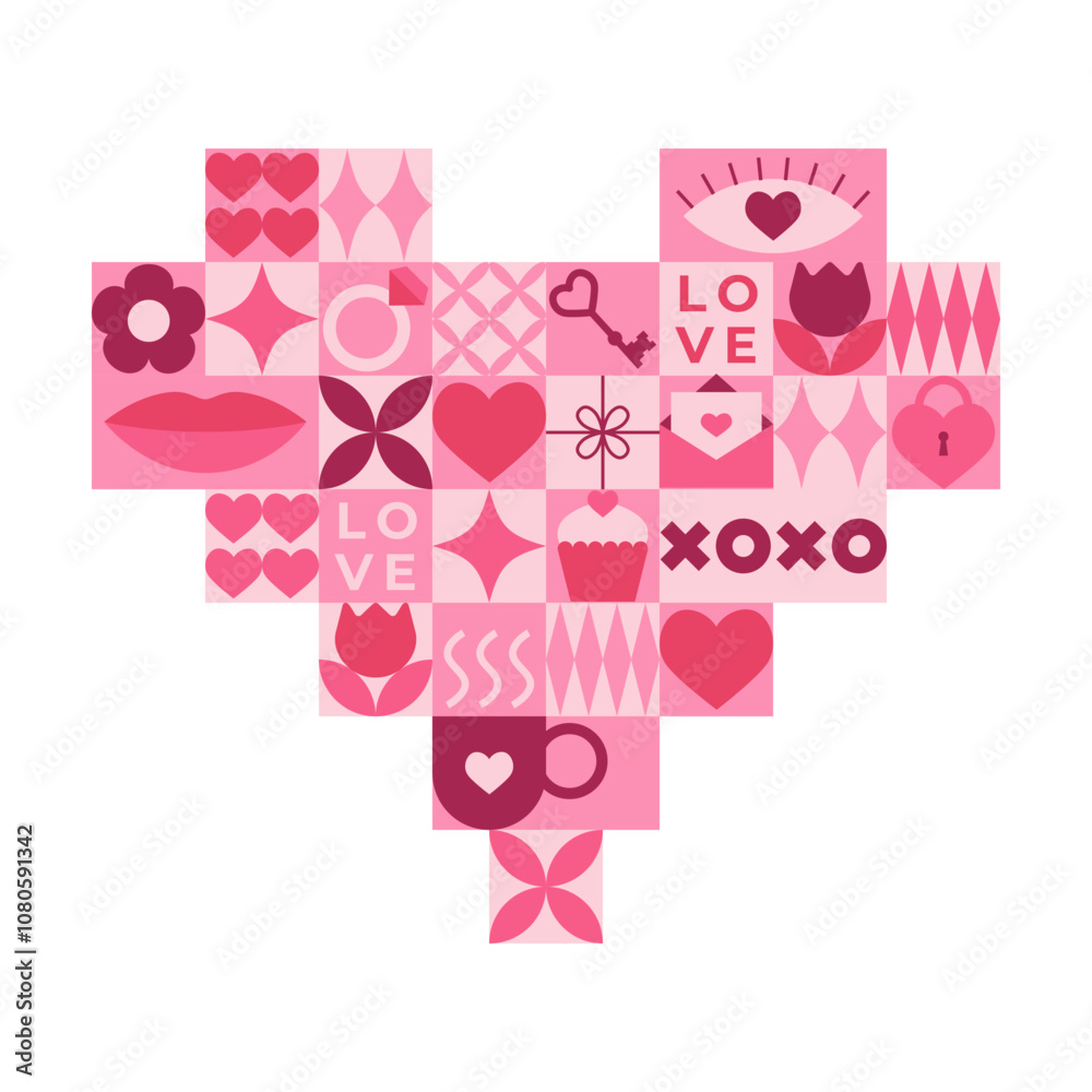Valentine's day greeting card with pink elements and geometric shapes. Template for Valentine holiday design Valentine's day greeting card with pink elements and geometric shapes. Template for Valentine holiday design