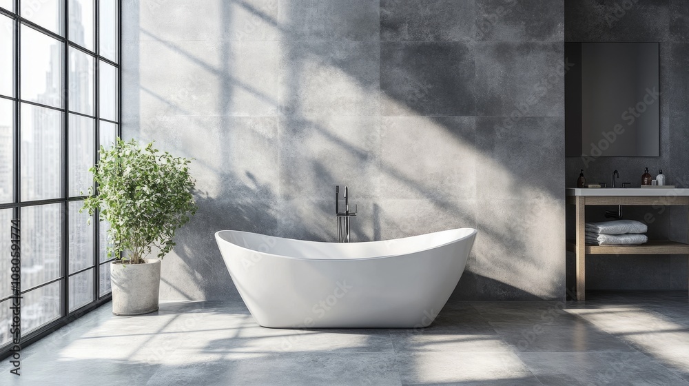 Modern bathroom with a sleek freestanding tub, polished gray tiles, and warm natural light filling the room Modern bathroom with a sleek freestanding tub, polished gray tiles, and warm natural light filling the room