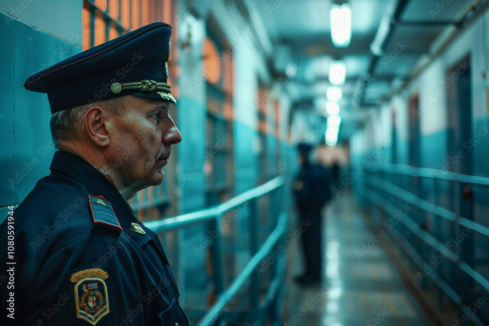 Generative AI Image of Policeman Working in Prison Near Jail Bars watching prisoners discipline Generative AI Image of Policeman Working in Prison Near Jail Bars watching prisoners discipline