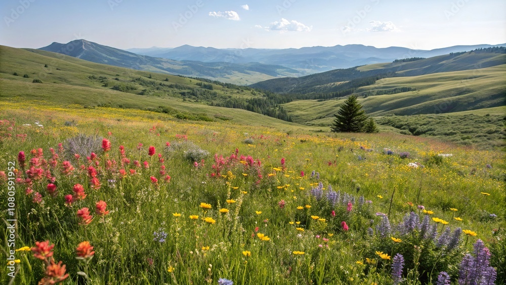 Fototapeta premium Mountain meadow in full bloom with vibrant wildflowers, flowers, wildflower, serene, landscape, green