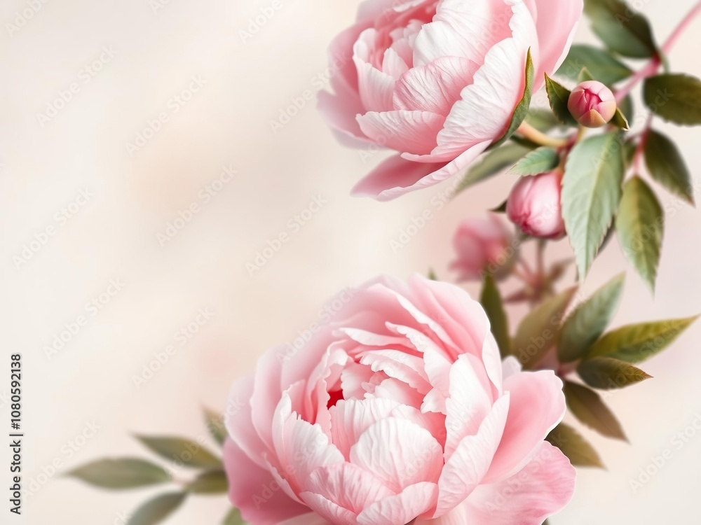 Peony and rose motif in a soft focus watercolor style with subtle background colors, delicate blooms, abstract nature Peony and rose motif in a soft focus watercolor style with subtle background colors, delicate blooms, abstract nature
